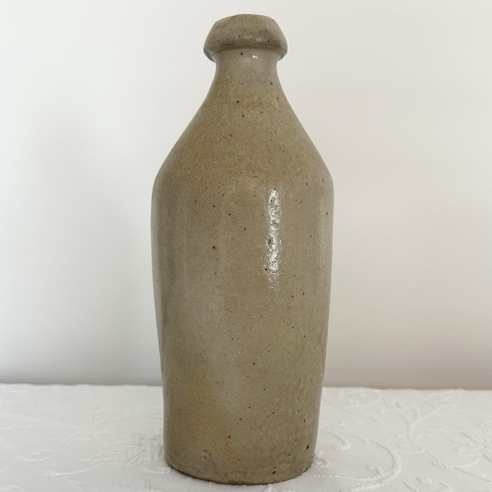 Primitive 1800s Antique Stoneware Salt Glazed Pottery Blob Top Bottle 10.5"